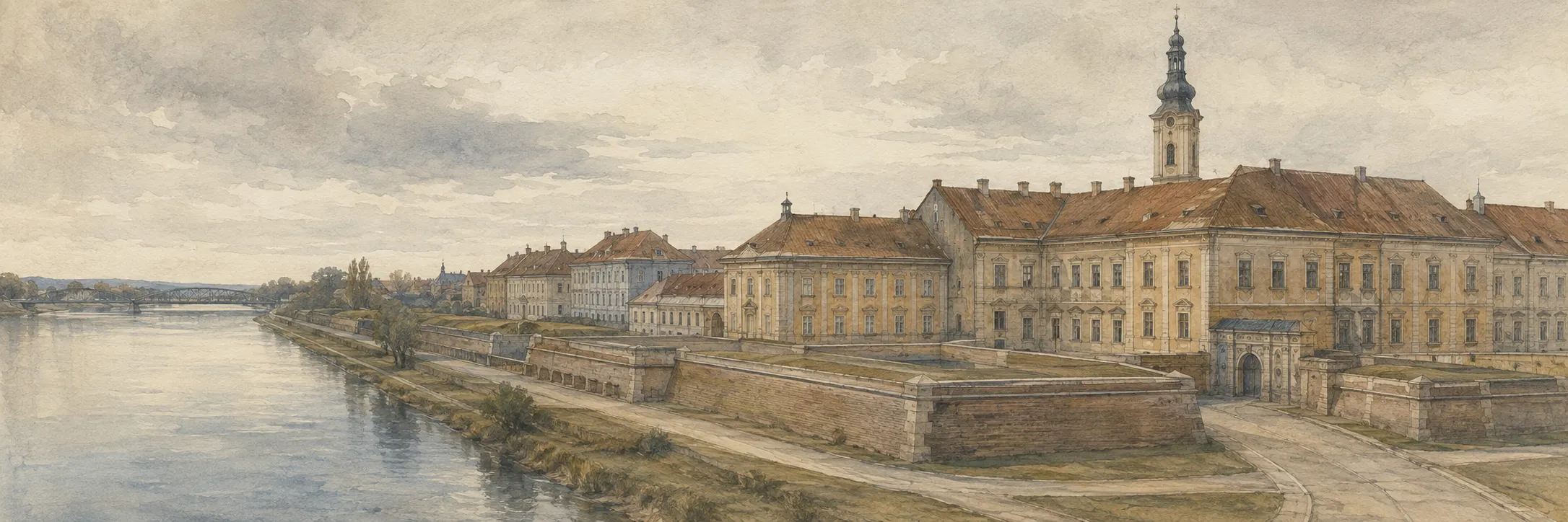 Watercolour view of the baroque Tvrđa quarter in Osijek, seen along the river Drava.