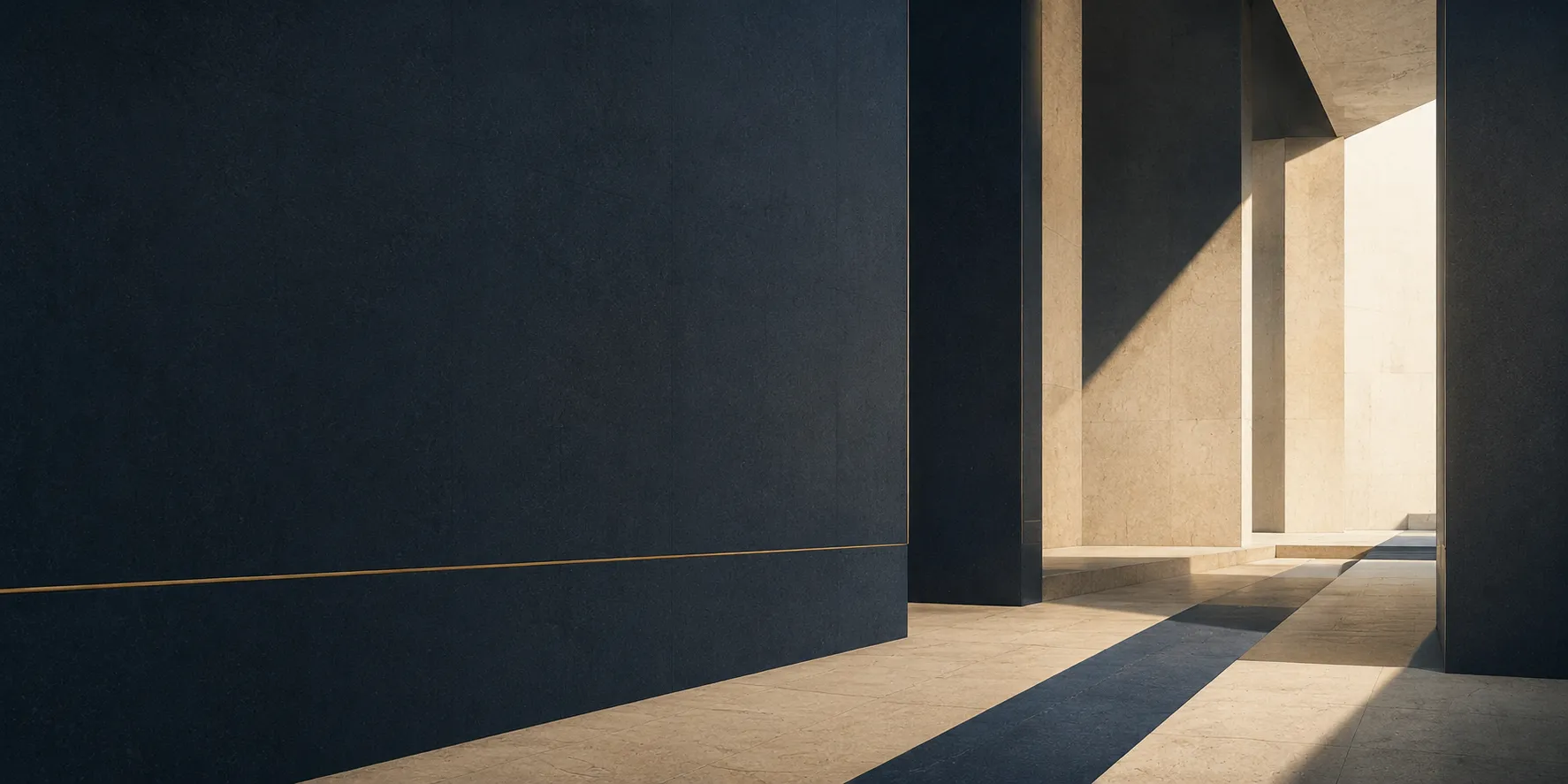 Abstract architectural composition: a dark stone wall opening onto a sunlit colonnade.